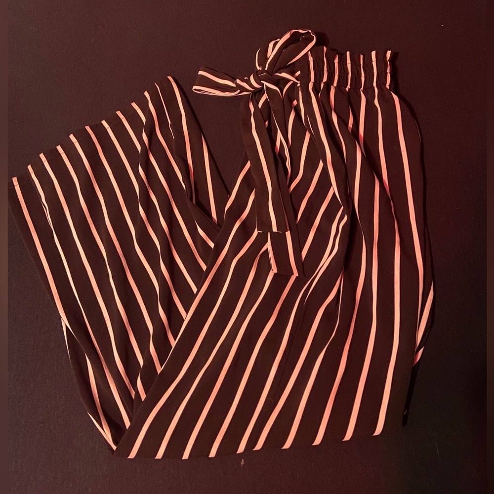 Black and White Striped Paperbag Trousers with tie belt detail